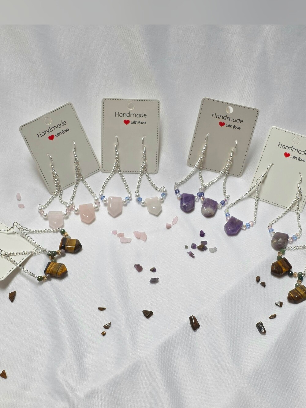 Rose Quartz, Amethyst, Tiger Eye Chain With Beads Dangling Silver Earrings